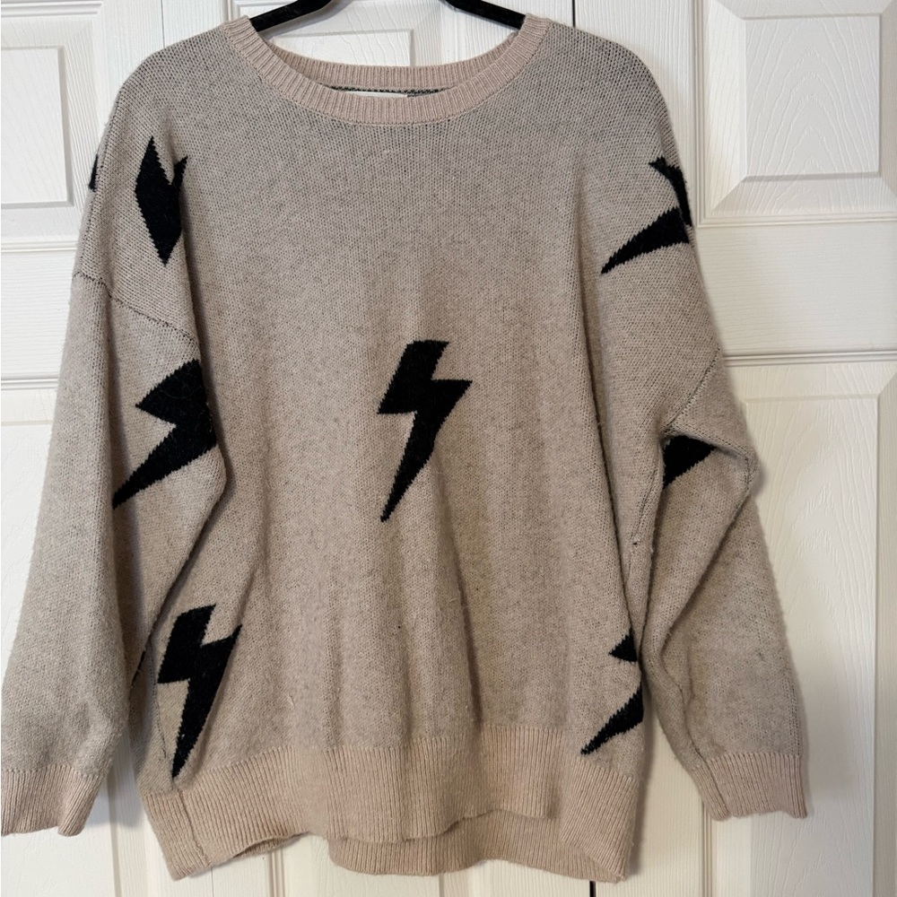 Beige Sweater with Black Lightning Bolts